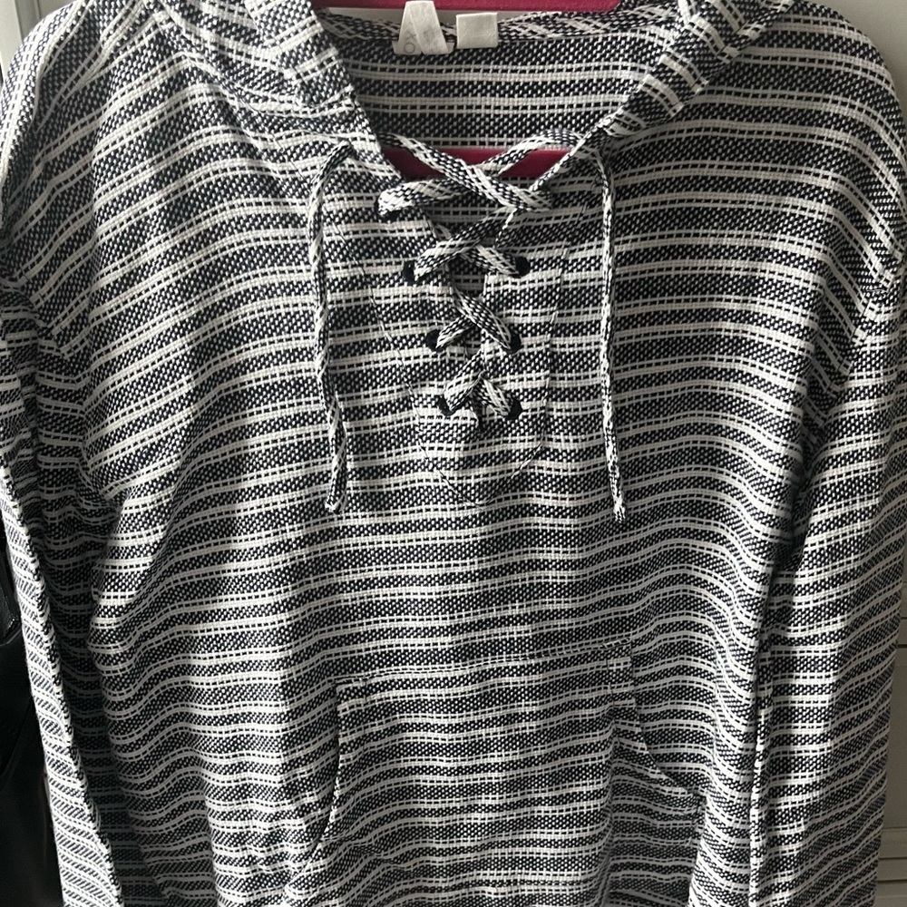 Roxy Navy & White Striped Lace-Up Hoodie | Coastal Boho Pullover L Summer Nights - Picture 6 of 8